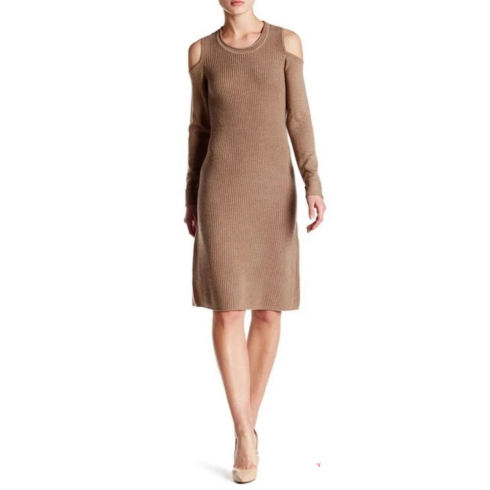 Elie Tahari Brown Ribbed Cold Shoulder Long Sleeve Merino Wool Sweater Dress S